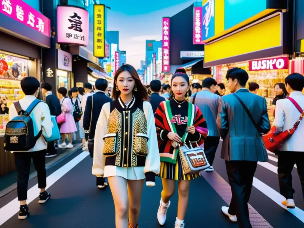 Jóvenes con moda urbana asiática de lujo en las bulliciosas calles de Harajuku, Tokyo, rodeados de luces de neón y multitudes vibrantes