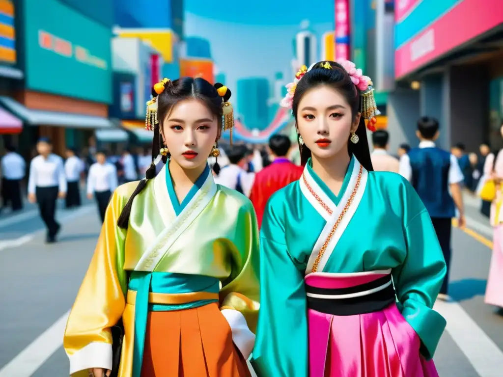 Jóvenes visten hanbok y moda urbana en bulliciosa calle de Seúl, fusionando tradición y modernidad coreana