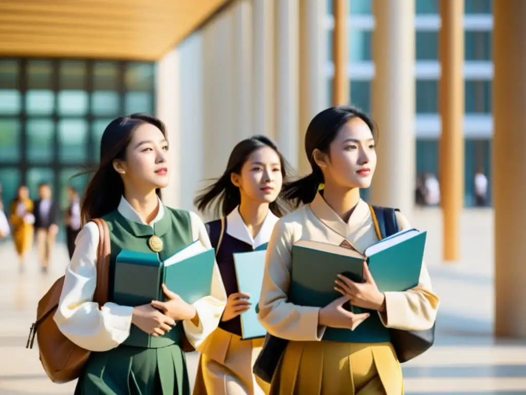 Jóvenes mujeres asiáticas en atuendo tradicional, empoderadas y progresistas en un campus moderno