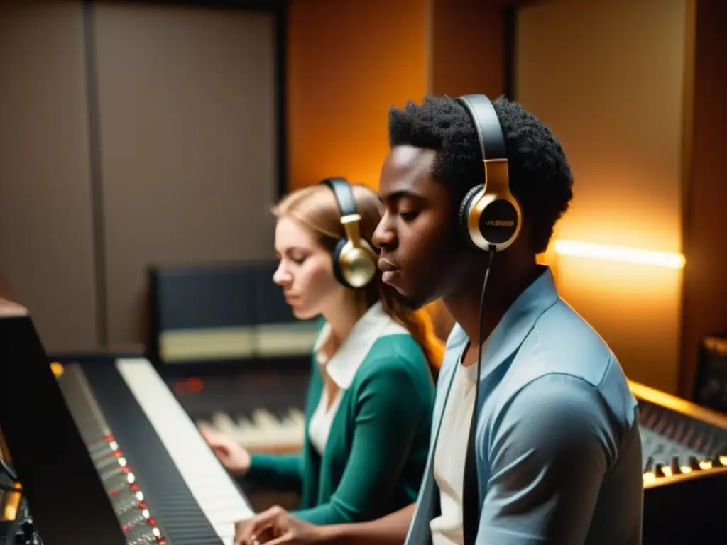 Jóvenes músicos en estudio de grabación, inmersos en su pasión por la música