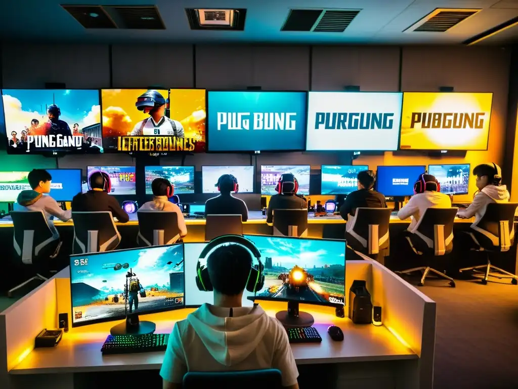 Jóvenes jugando PUBG en un cybercafé de Seúl, con monitores brillantes y ambiente electrizante