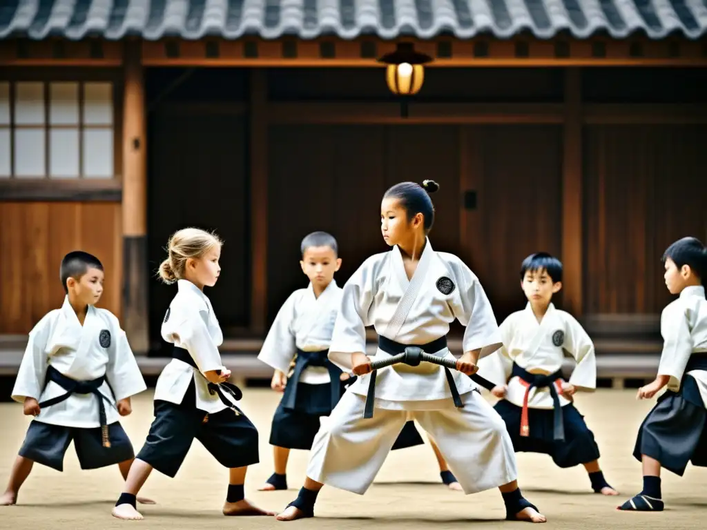 Jóvenes samuráis en entrenamiento en un dojo tradicional japonés, mostrando disciplina y concentración