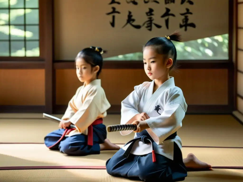 Jóvenes samuráis en entrenamiento, ejecutando movimientos precisos en un dojo sereno bajo la atenta mirada de su sensei