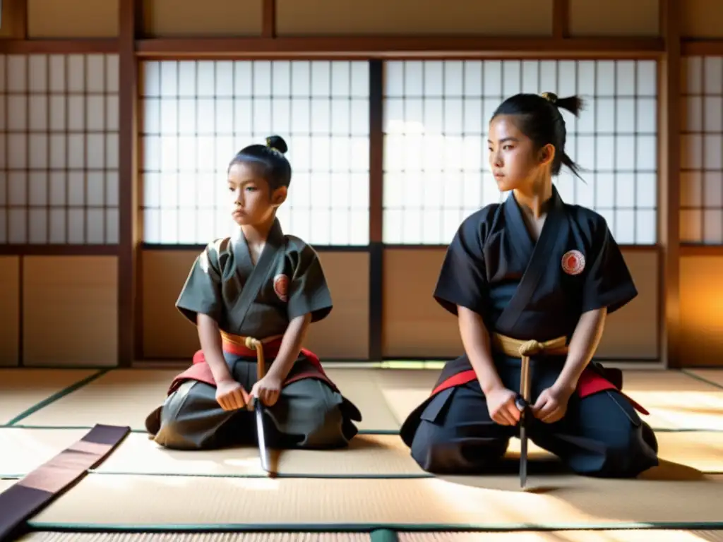 Jóvenes samuráis se entrenan con espadas de madera en un dojo tradicional