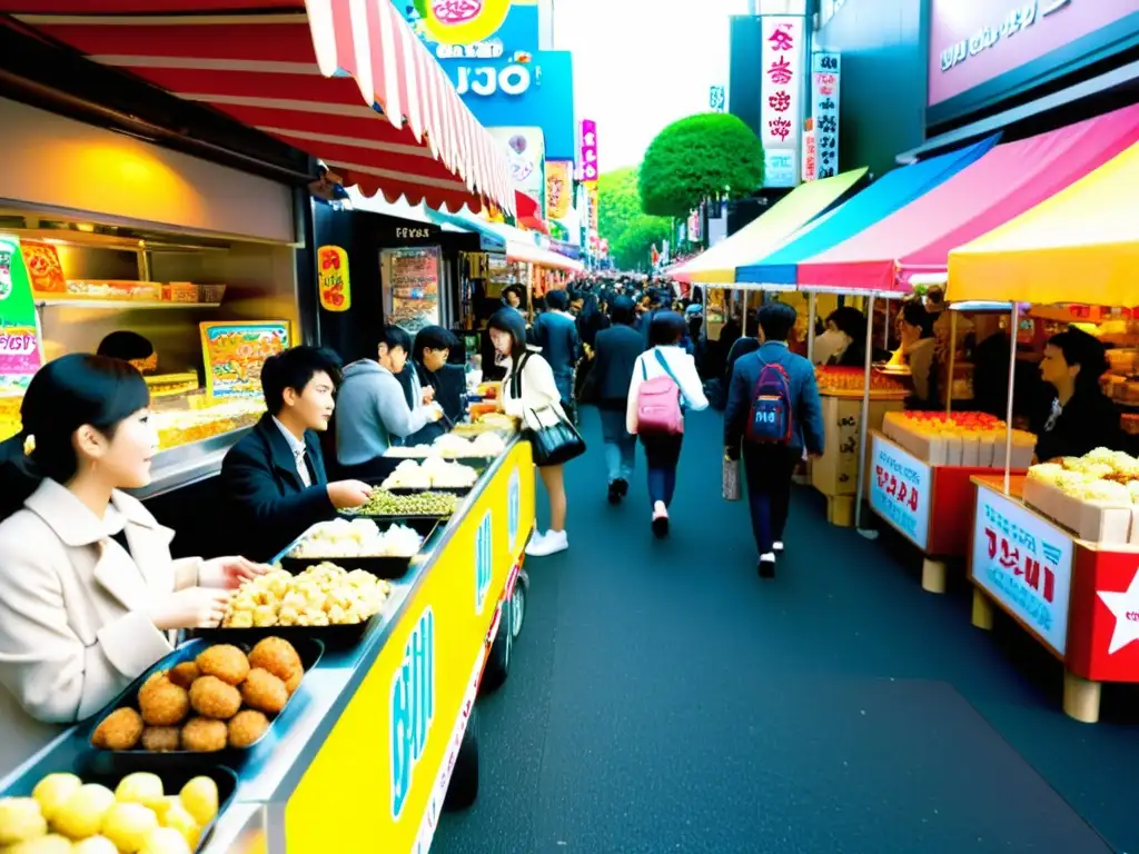 Jóvenes disfrutan de la vibrante cultura pop japonesa en las calles de Harajuku, Tokio, entre puestos de comida coloridos y modernos