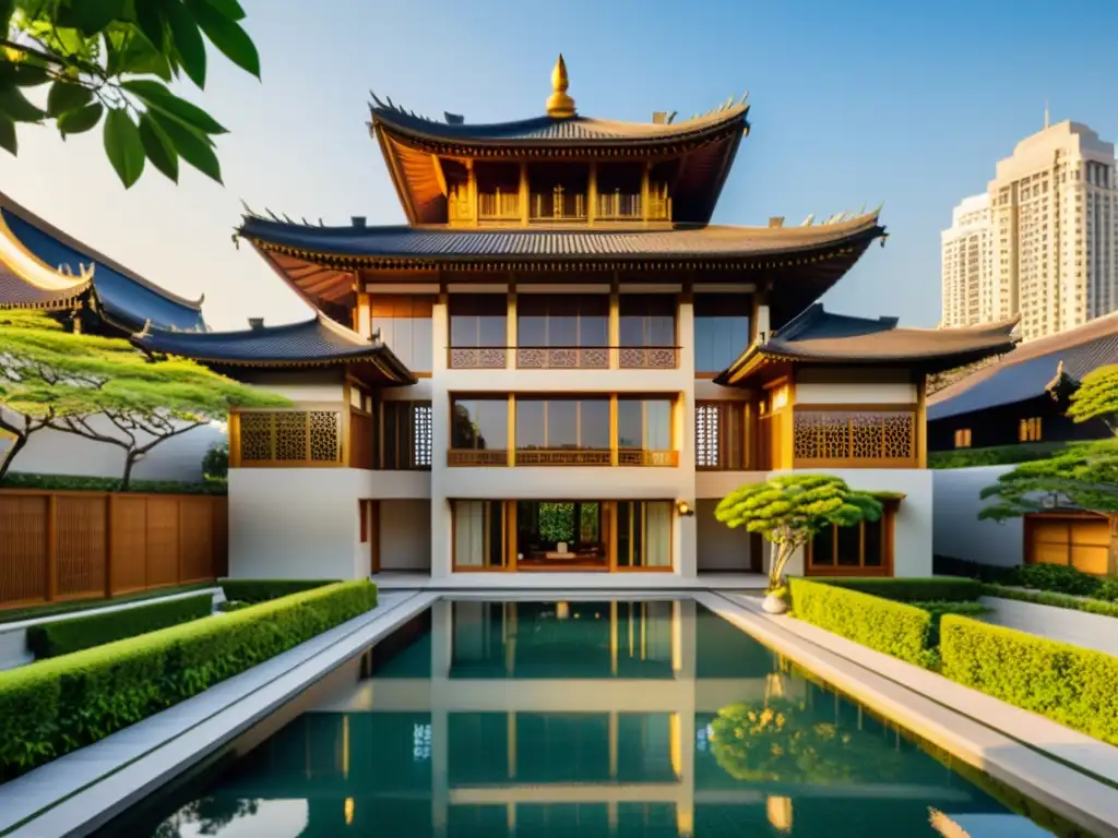Arquitectura contemporánea asiática: fusión de modernidad y tradición Joyas del Diseño Asiático: Majestuosa arquitectura contemporánea con toques tradicionales, jardines exuberantes y juego de luces y sombras
