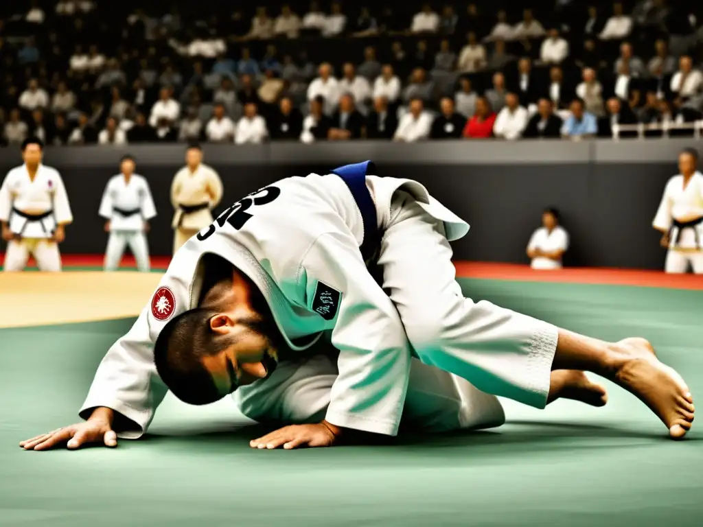 Evolución del judo en competiciones: Montaje de fotos históricas en blanco y negro con imágenes vibrantes de torneos actuales, transmitiendo la transformación y el espíritu del judo a lo largo del tiempo