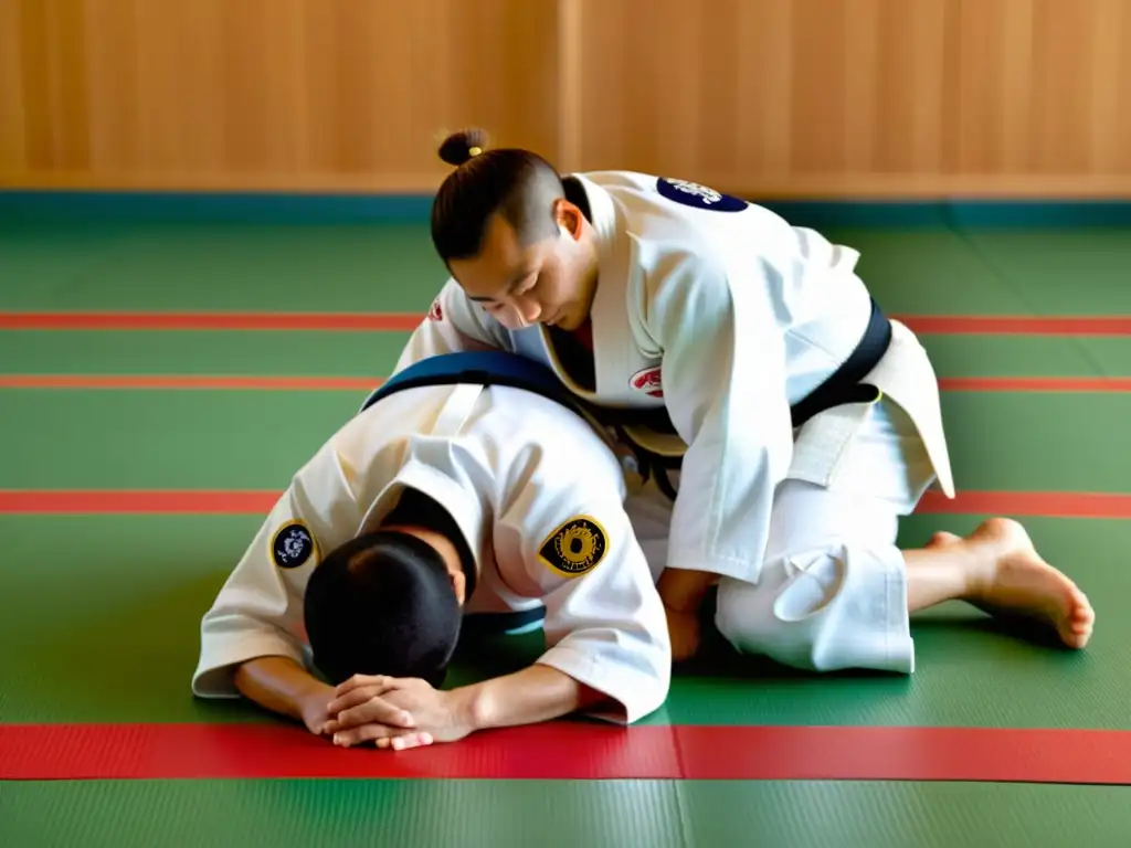 Práctica de judo en un dojo tradicional, evocando el origen y evolución del judo con maestría y disciplina