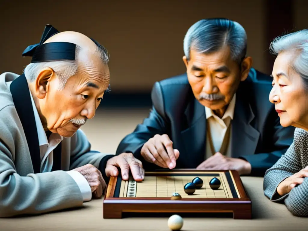 Un juego intenso de Go entre personas mayores en un entorno tradicional, transmitiendo sabiduría y concentración