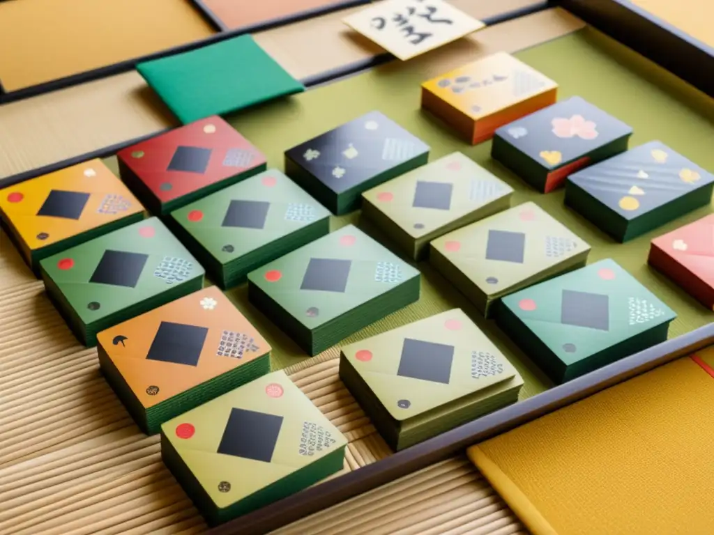 Juego de Poemas Hyakunin Isshu Karuta con tarjetas japonesas y tatami iluminado por la luz natural