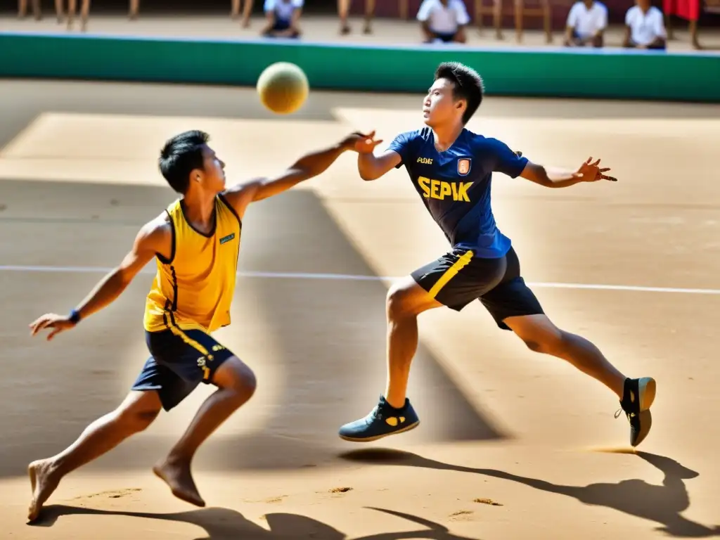 Juego de sepak takraw al atardecer, capturando la intensidad y belleza de los deportes tradicionales en la cultura asiática