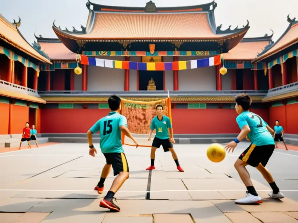 Juego de Sepak Takraw en templo asiático con atletas en trajes tradicionales