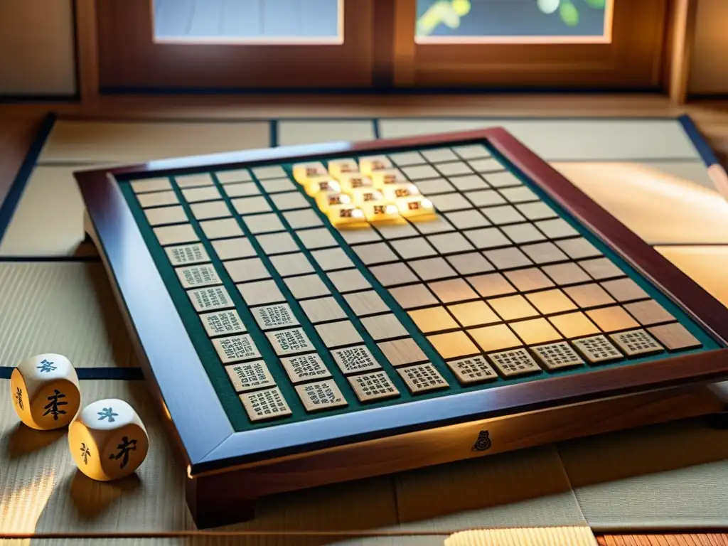 Un juego de shogi japonés en una auténtica habitación de tatami, con piezas de madera detalladamente talladas