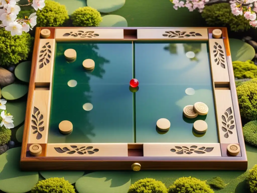 Un juego de Shōgi japonés en un hermoso jardín con cerezos en flor y un estanque de koi