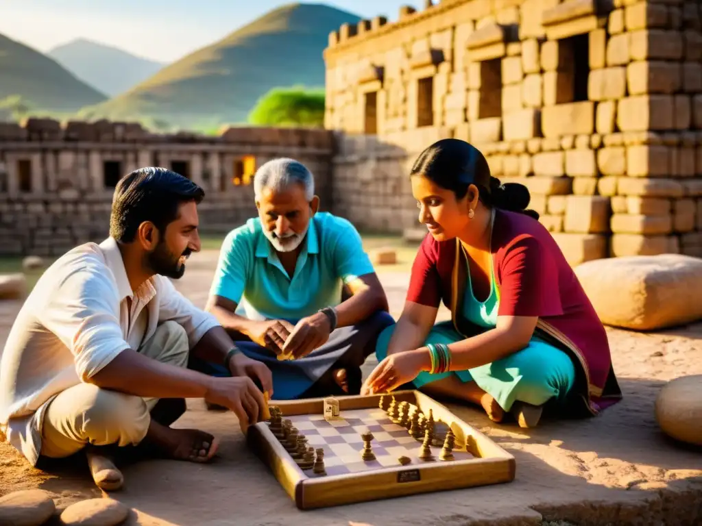 Juegos y entretenimiento en el Valle del Indo: Personas juegan juegos tradicionales entre ruinas antiguas al atardecer