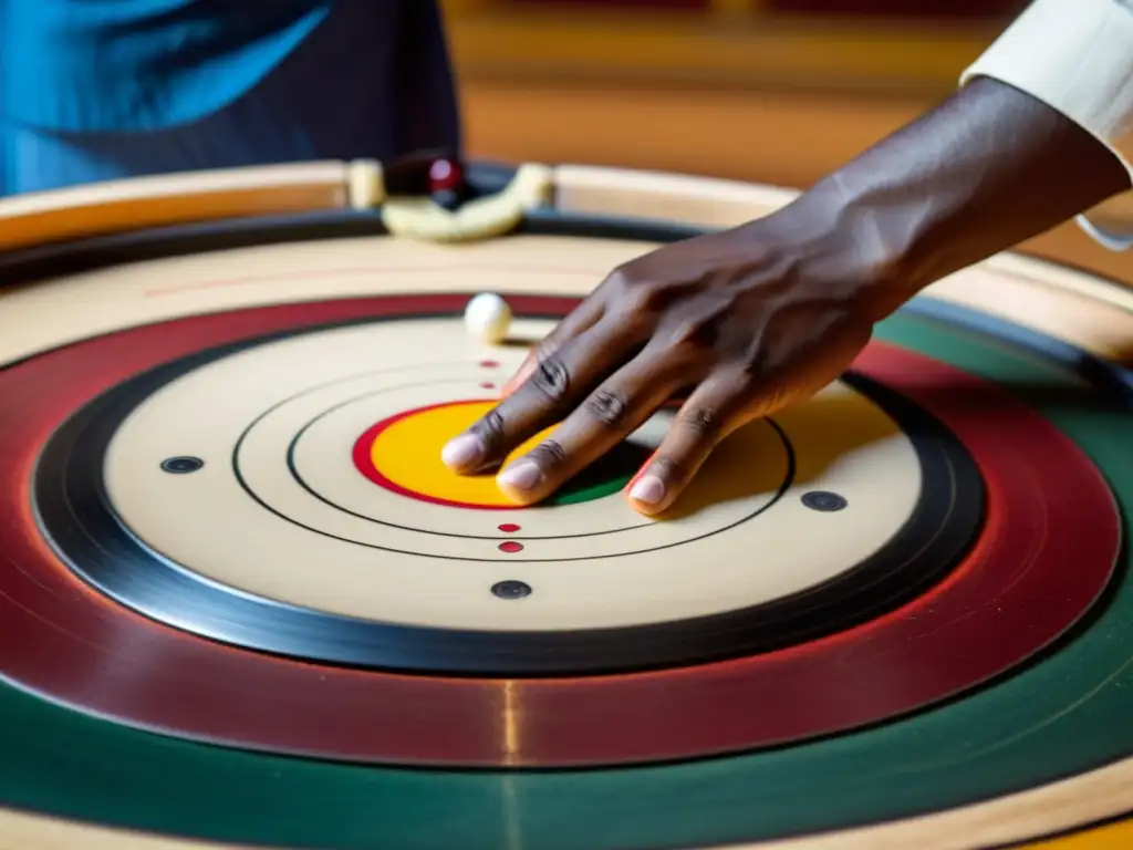 Un jugador experto de carrom se concentra intensamente, listo para realizar un movimiento estratégico