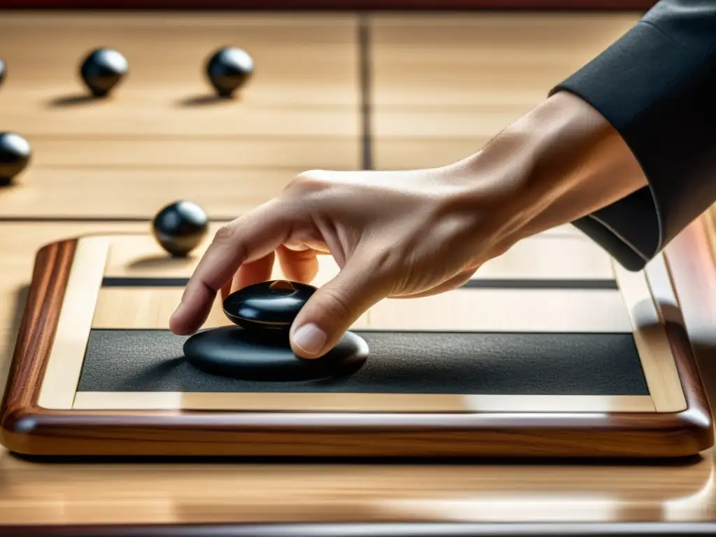 Un jugador de Go coloca una piedra con precisión en el tablero, mostrando determinación