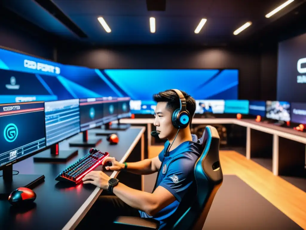 Jugadores asiáticos de eSports en un intenso entrenamiento, con equipamiento de vanguardia y coaches brindando apoyo