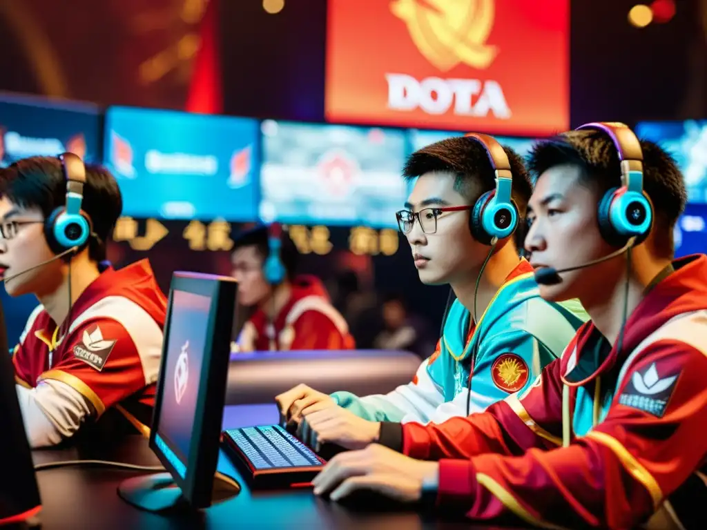 Jugadores chinos de Dota 2 planificando estrategias en una arena de juego con tecnología avanzada, fusionando legado chino en Dota 2