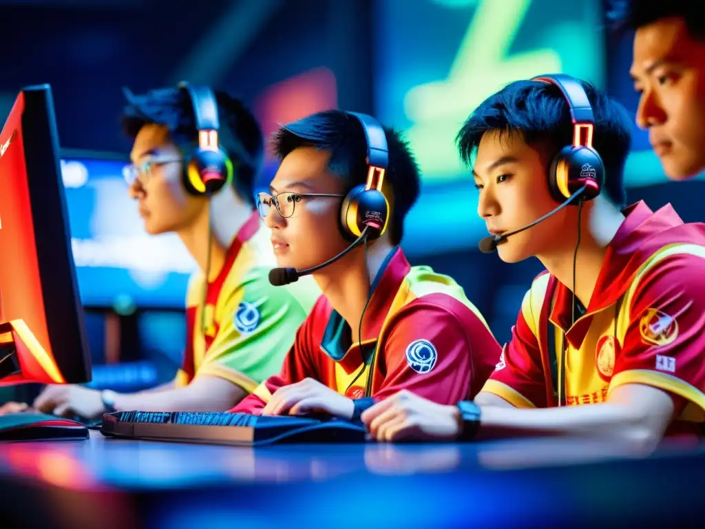 Jugadores chinos de Dota 2 en torneo, con jerseys tradicionales y moderno equipamiento, reflejando el legado chino en Dota 2