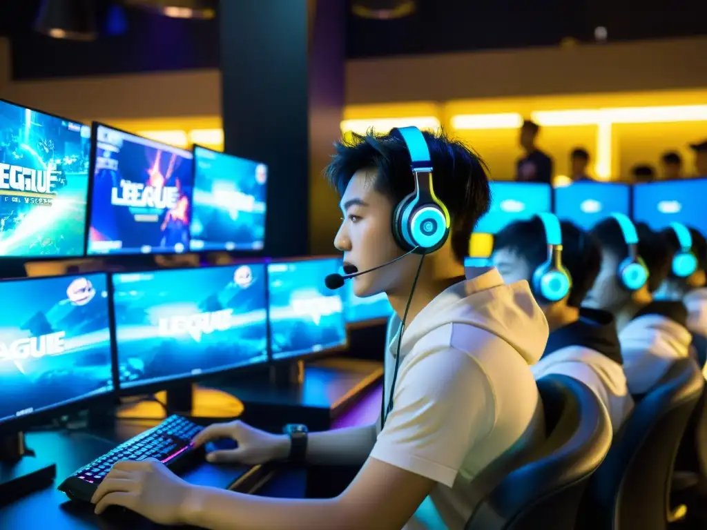 Jugadores concentrados en un cibercafé de Corea del Sur, inmersos en intensas partidas de League of Legends