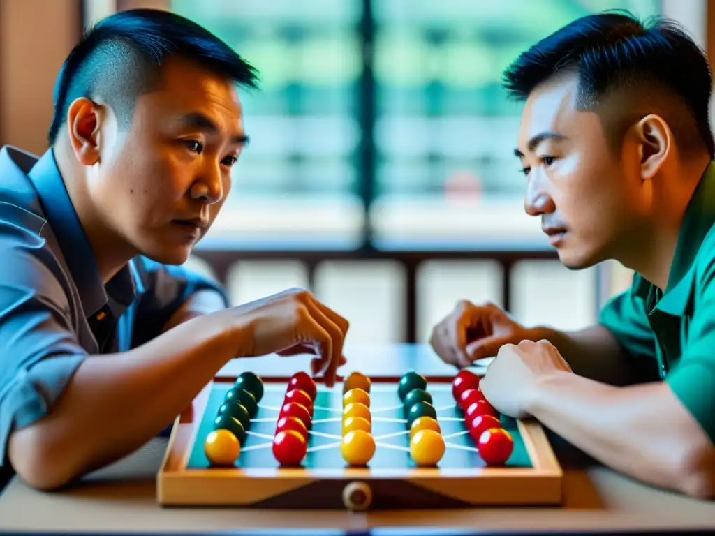 Dos jugadores expertos se enfrentan en una partida intensa de damas chinas, capturando la complejidad estratégica y la tensión psicológica del juego