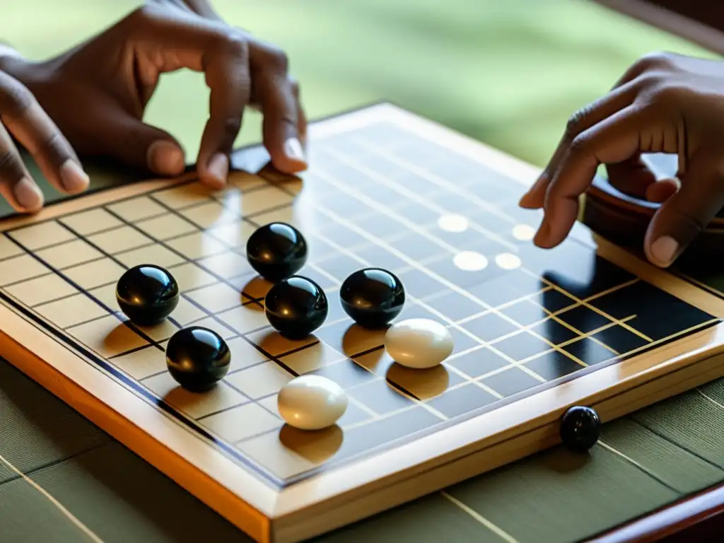 Dos jugadores se concentran en el juego de Go, con piedras blancas y negras en un entorno sereno