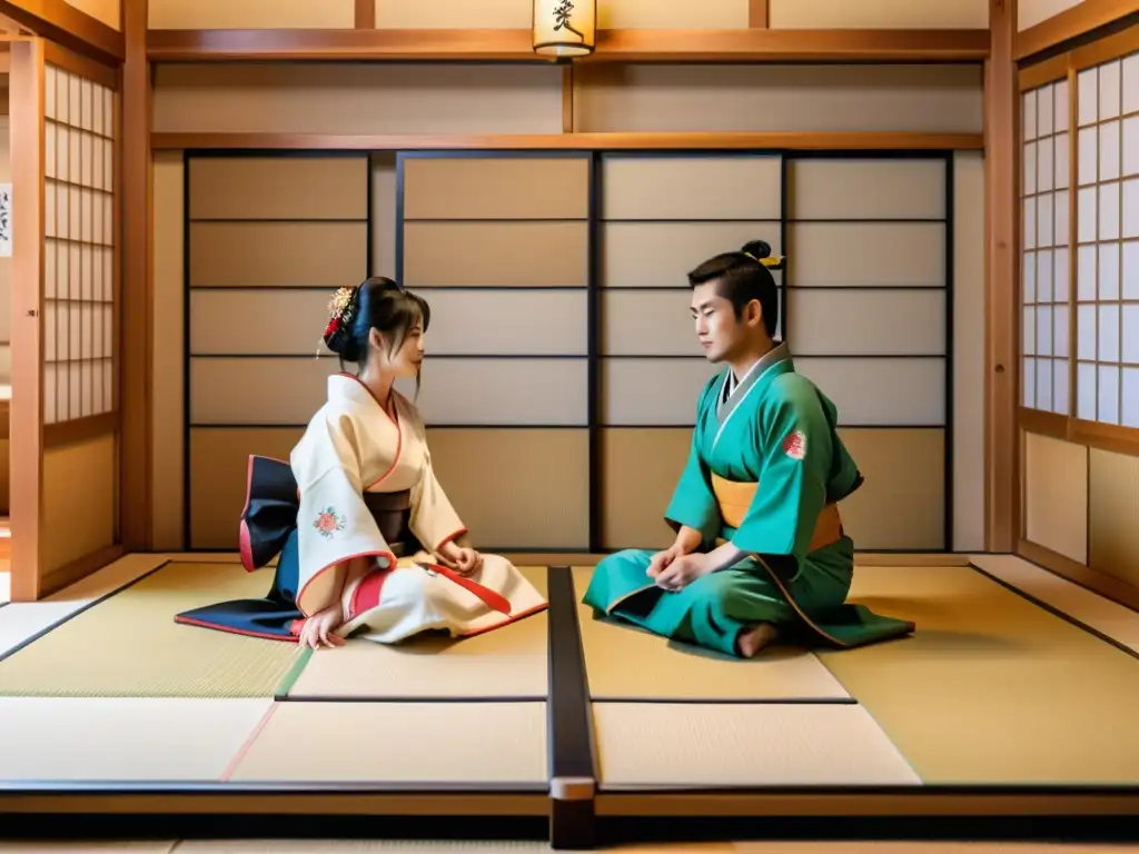 Dos jugadores vistiendo kimono compiten en un juego de poemas Hyakunin Isshu Karuta en una habitación tradicional japonesa con puertas corredizas de papel y estantes llenos de cartas ilustradas