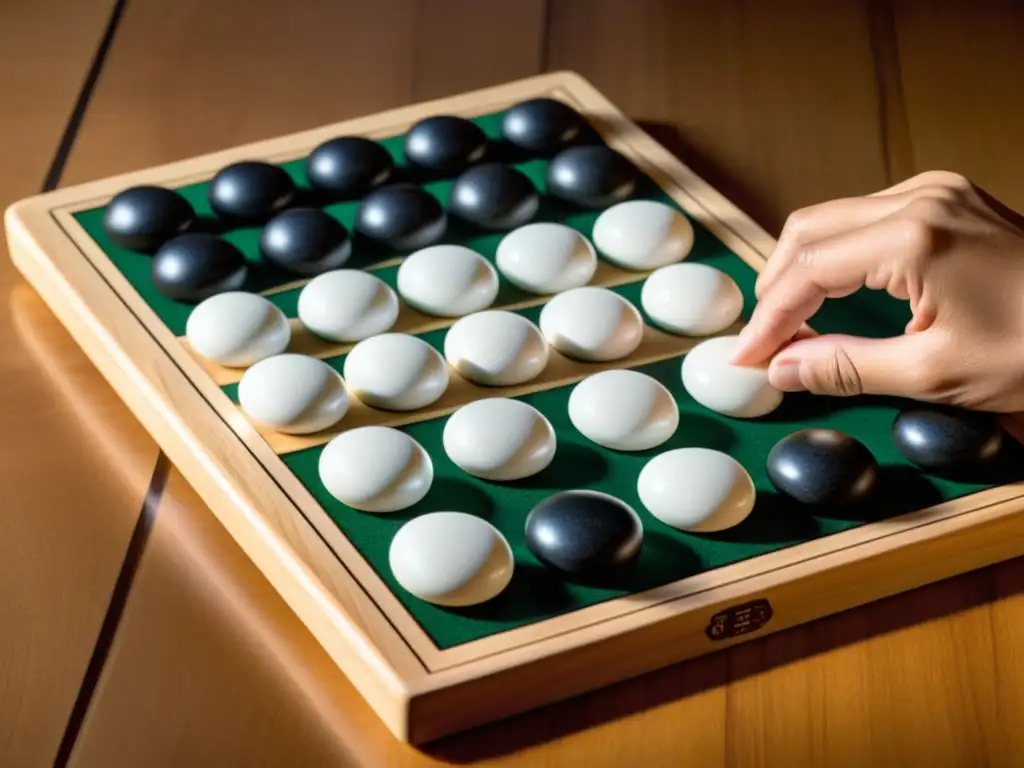 Jugadores de Go en profunda contemplación sobre un tablero de madera, en una escena que irradia la filosofía del juego de Go