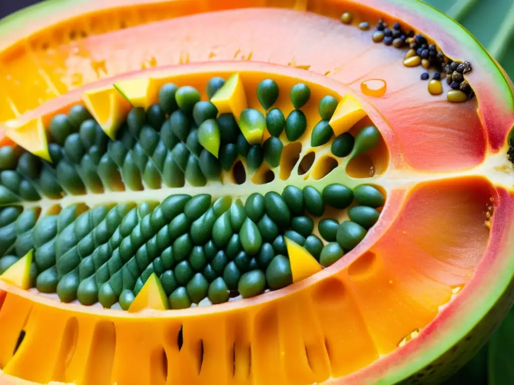 Una jugosa papaya madura con vibrante piel naranja y patrones intrincados de amarillo, verde y marrón