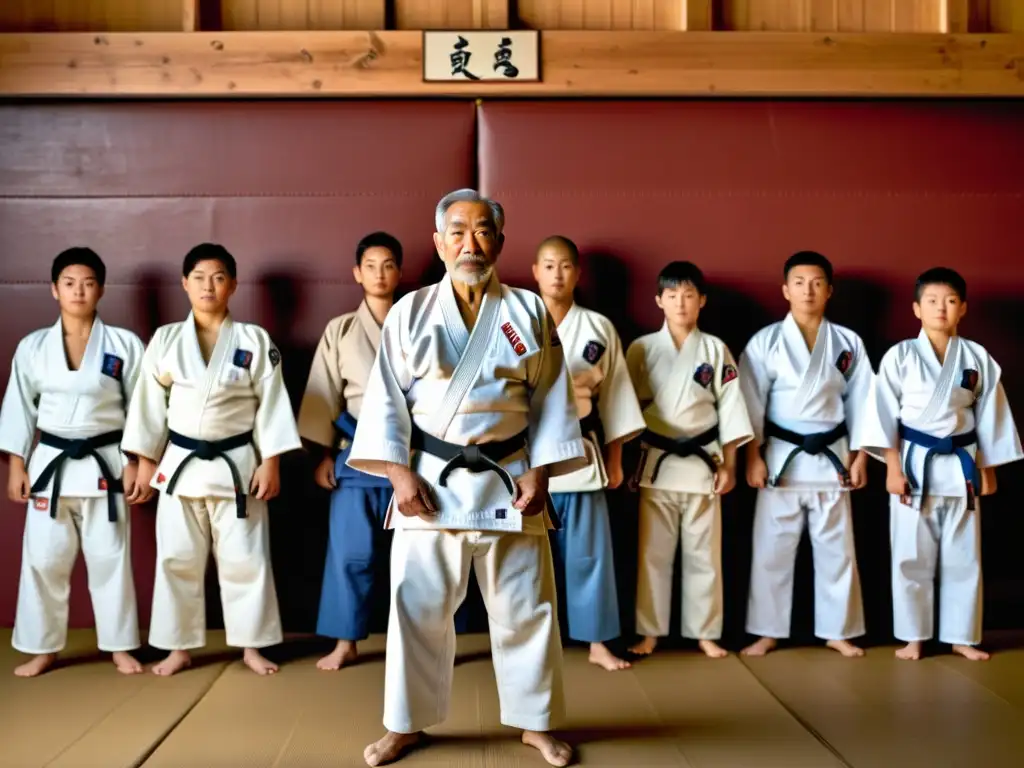 Kano Jigoro, fundador del Judo, irradia sabiduría y fuerza en un dojo tradicional, rodeado de estudiantes practicando judo