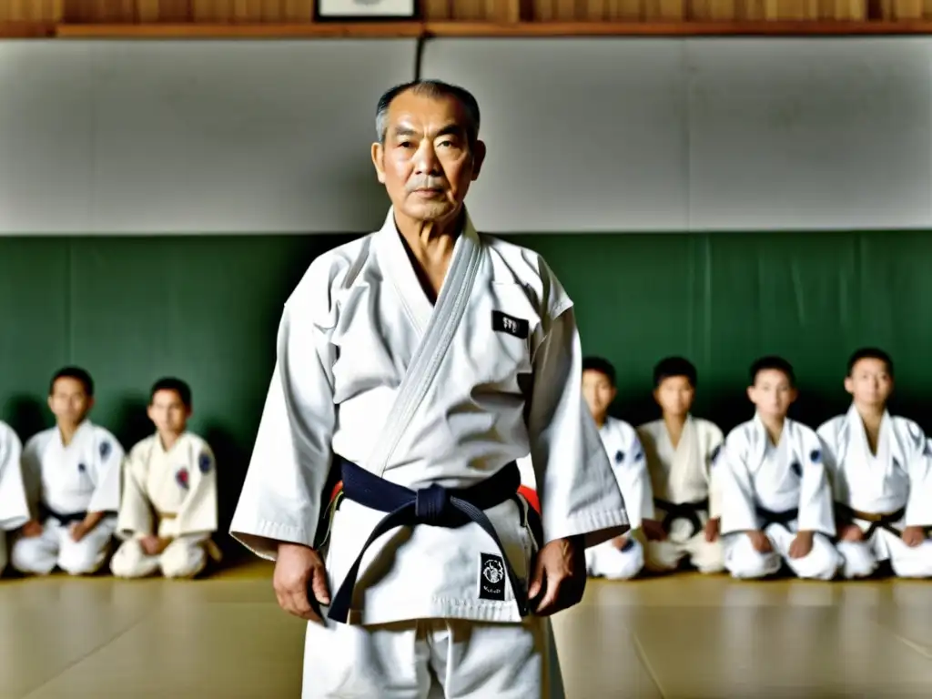 Kano Jigoro lidera la Revolución del pensamiento marcial japonés en un dojo, rodeado de estudiantes atentos