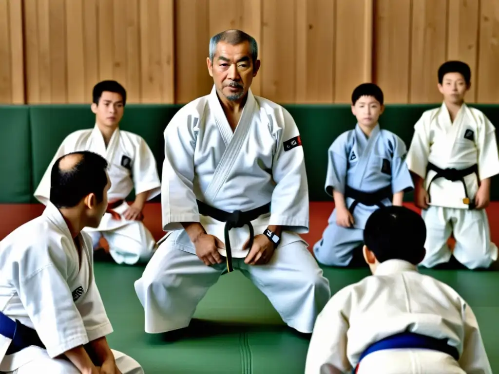 Kano Jigoro lidera una sesión de judo con estudiantes en un dojo tradicional