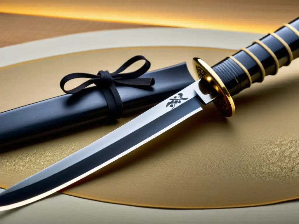 Una katana brillante con caligrafía japonesa, reflejando la influencia de la espada japonesa y su conexión cultural