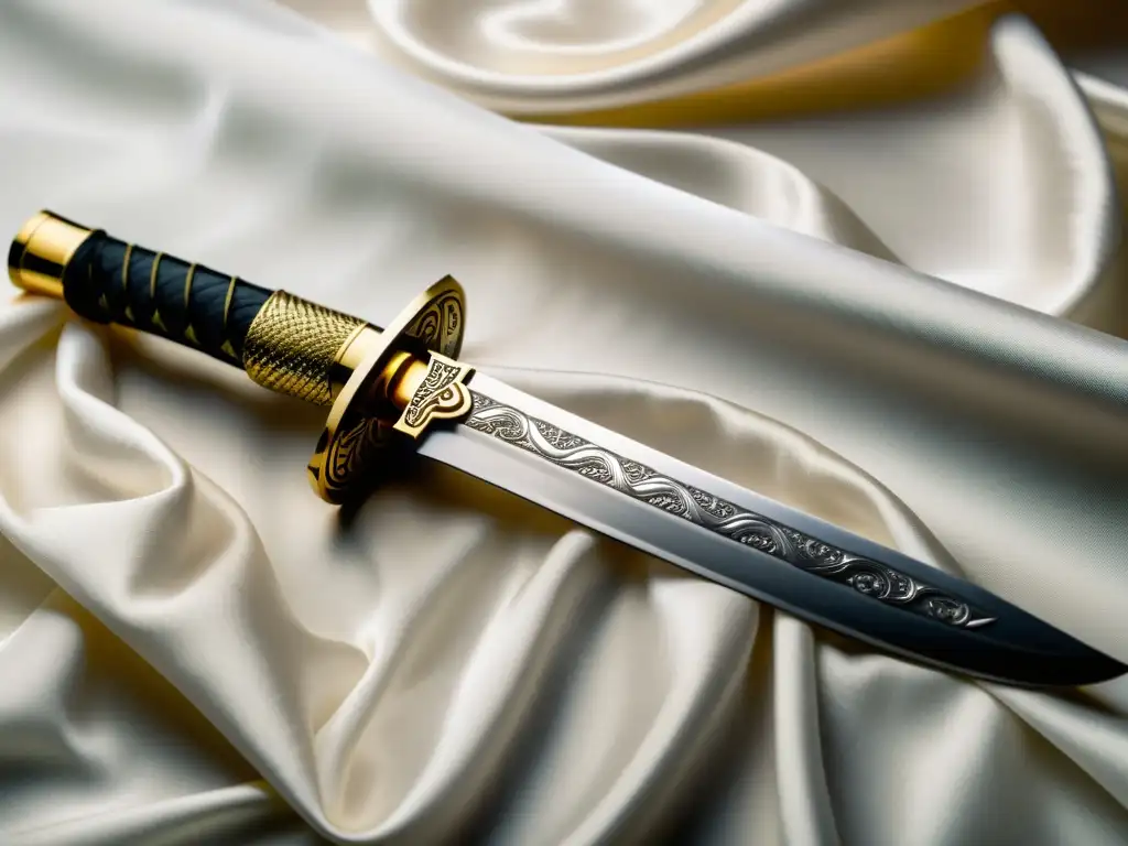 Una katana japonesa de acero plegado descansa sobre seda blanca, exudando elegancia y la influencia de la espada japonesa