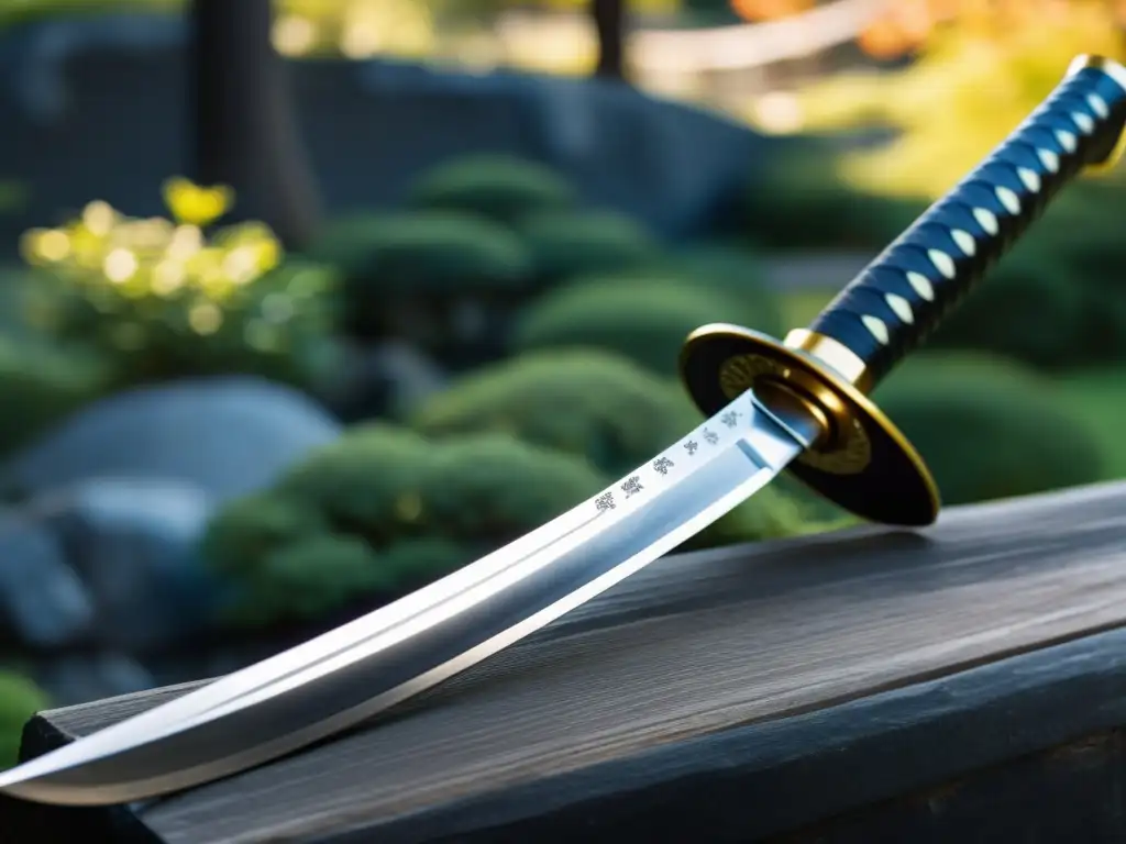 Una katana japonesa exquisitamente detallada, con kanji elegantes y un entorno tranquilo de jardín japonés