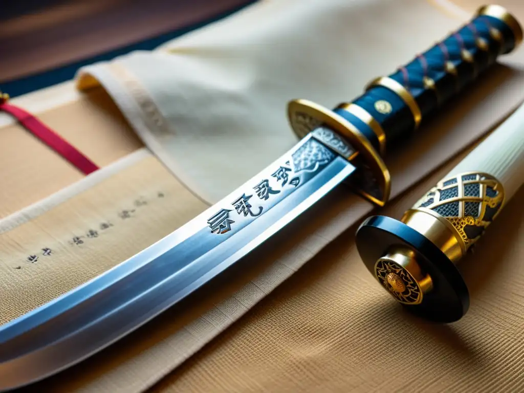 Una katana japonesa con diseños intrincados y simbología cultural, sobre pergaminos antiguos iluminados