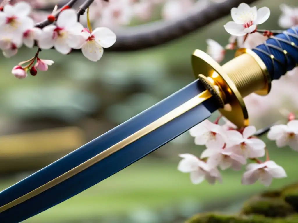 Una katana japonesa con hoja de acero ondulado y empuñadura azul, evocando la filosofía de la espada japonesa en un jardín de cerezos en flor