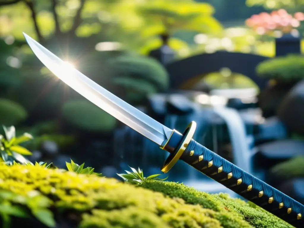 Una katana japonesa descansa en un jardín sereno, evocando Lecciones de Bushido para la vida