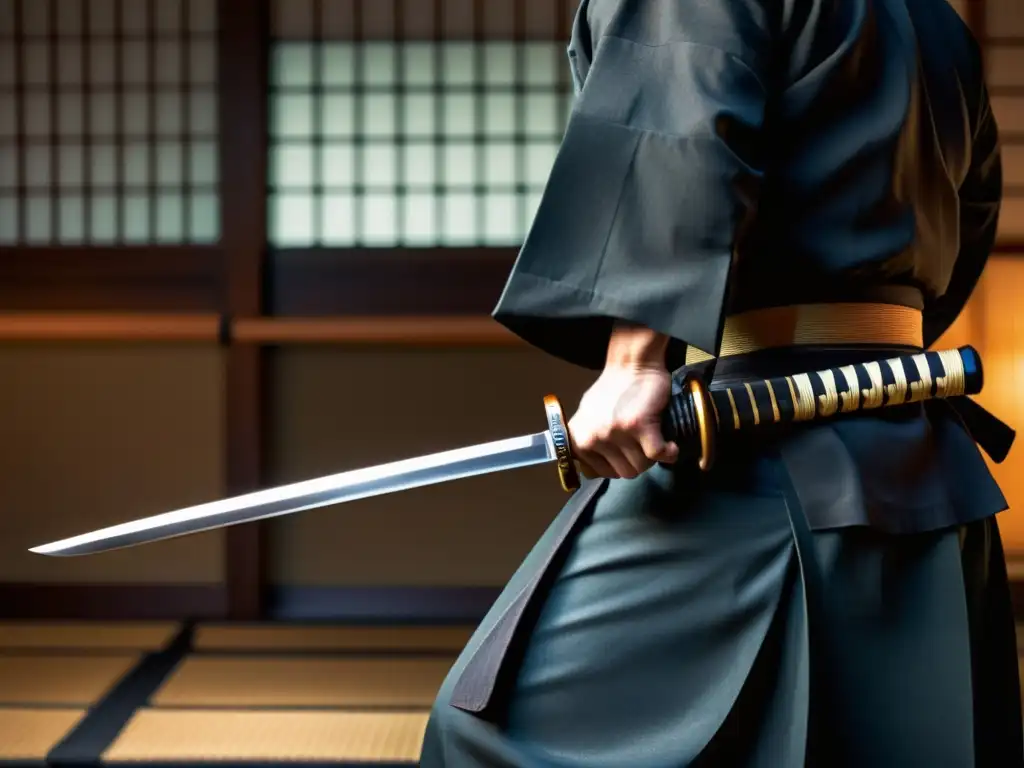 Una katana japonesa refleja la luz suave en un dojo, mostrando la filosofía del código bushido samurai