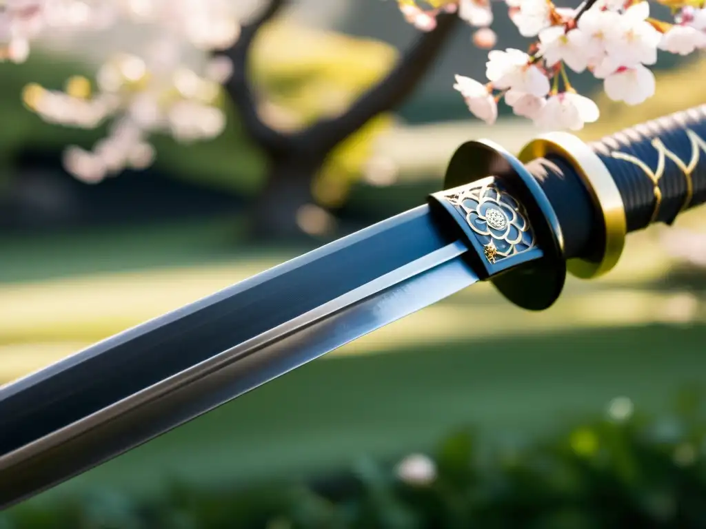 Una katana japonesa con patrones intrincados en la hoja y el mango envuelto en seda negra, contrasta con un apacible jardín japonés de cerezos en flor