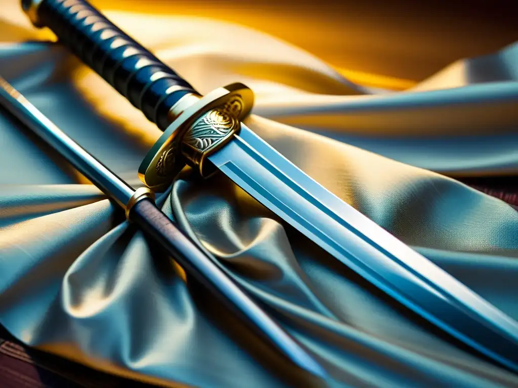 Una katana japonesa descansa sobre una seda bellamente decorada, exhibiendo acero plegado y detalles artesanales