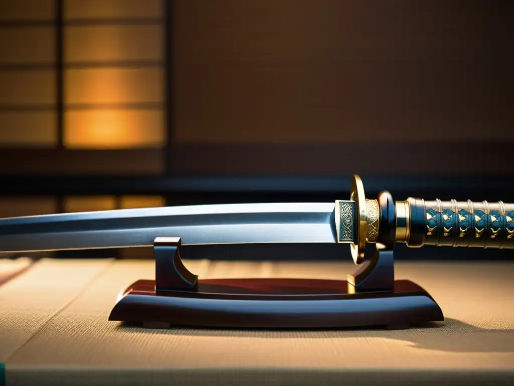 Una katana japonesa descansa sobre un soporte, revelando sus detalles