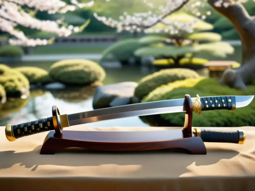 Una katana japonesa descansa en un soporte de madera, con detalles intrincados visibles