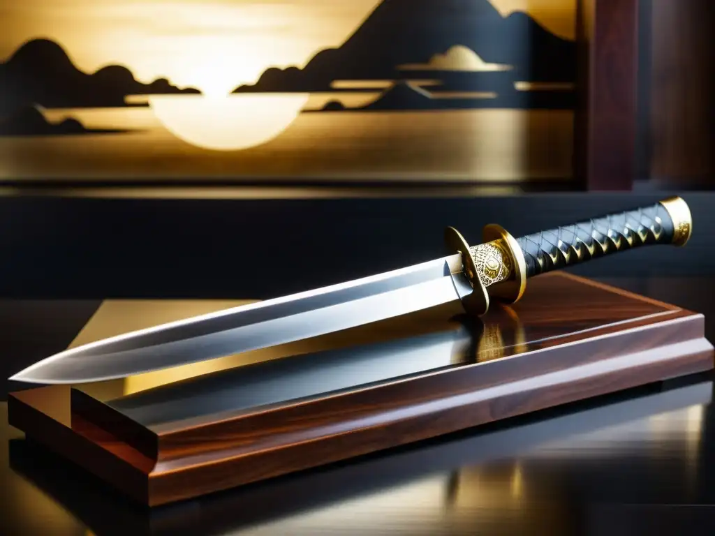 Una katana japonesa descansa sobre un soporte de madera, mostrando elegancia y la herencia samurái en las artes marciales
