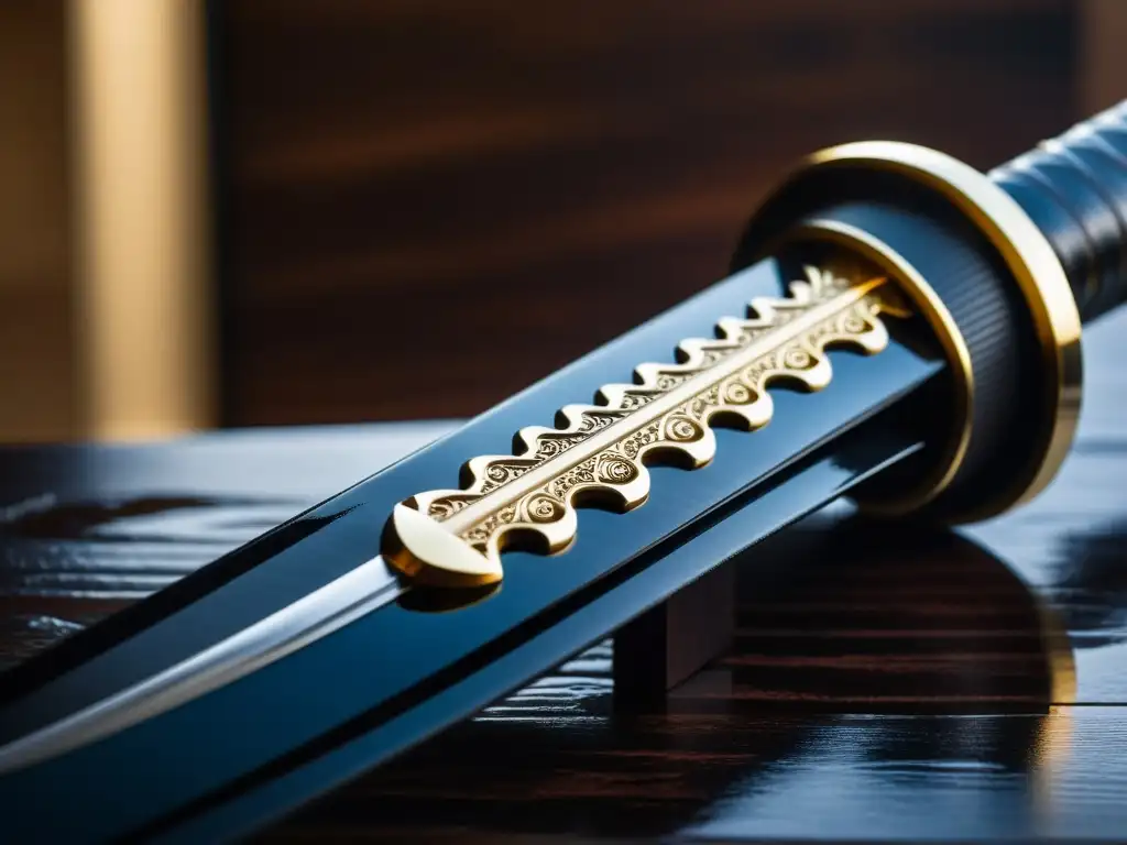 Una katana japonesa descansa sobre un soporte de madera oscuro, con hoja brillante y empuñadura tsukamaki en negro y dorado