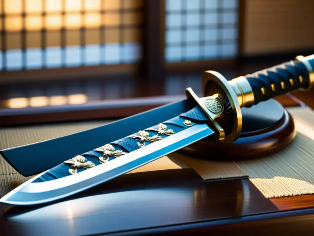 Una katana japonesa descansa sobre un soporte de madera, iluminada por la suave luz natural, evocando la espiritualidad en la práctica del Iaido