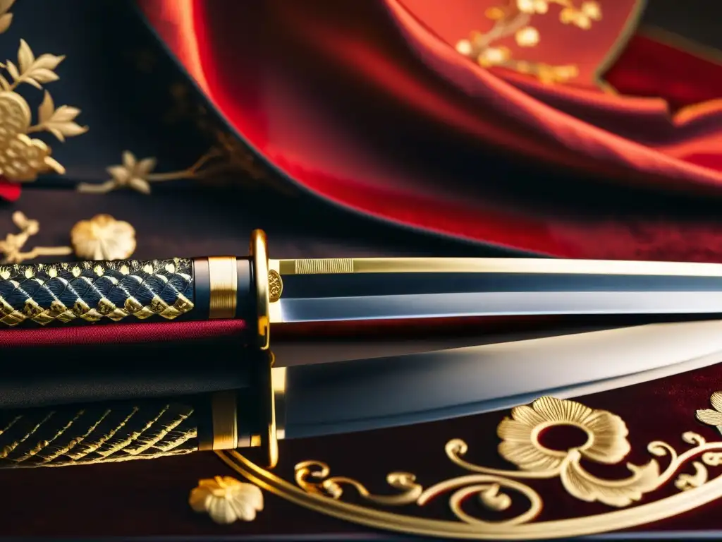 Una katana japonesa reposa en un soporte ornamentado, evocando el Código Bushido y el honor samurái en el Japón feudal