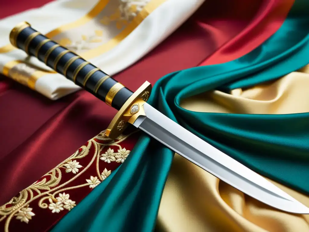 Una katana japonesa tradicional se exhibe contra un telón de fondo de sedas ricas y detalladas, destacando la artesanía y la importancia cultural de las armas y textiles asiáticos coleccionables