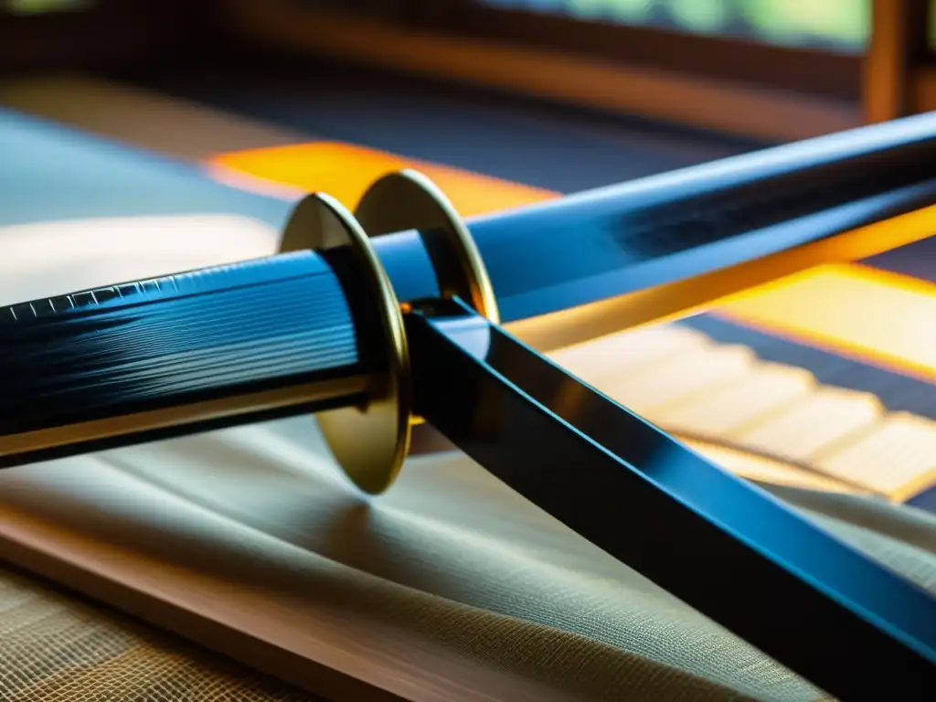 Una katana japonesa tradicional con reflejos de luz suave a través de una pantalla de papel